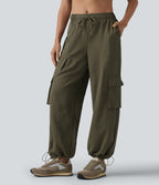 Mid Rise Drawstring Barrel Leg Casual Cargo Joggers with Pockets — Ivy Green — view 1