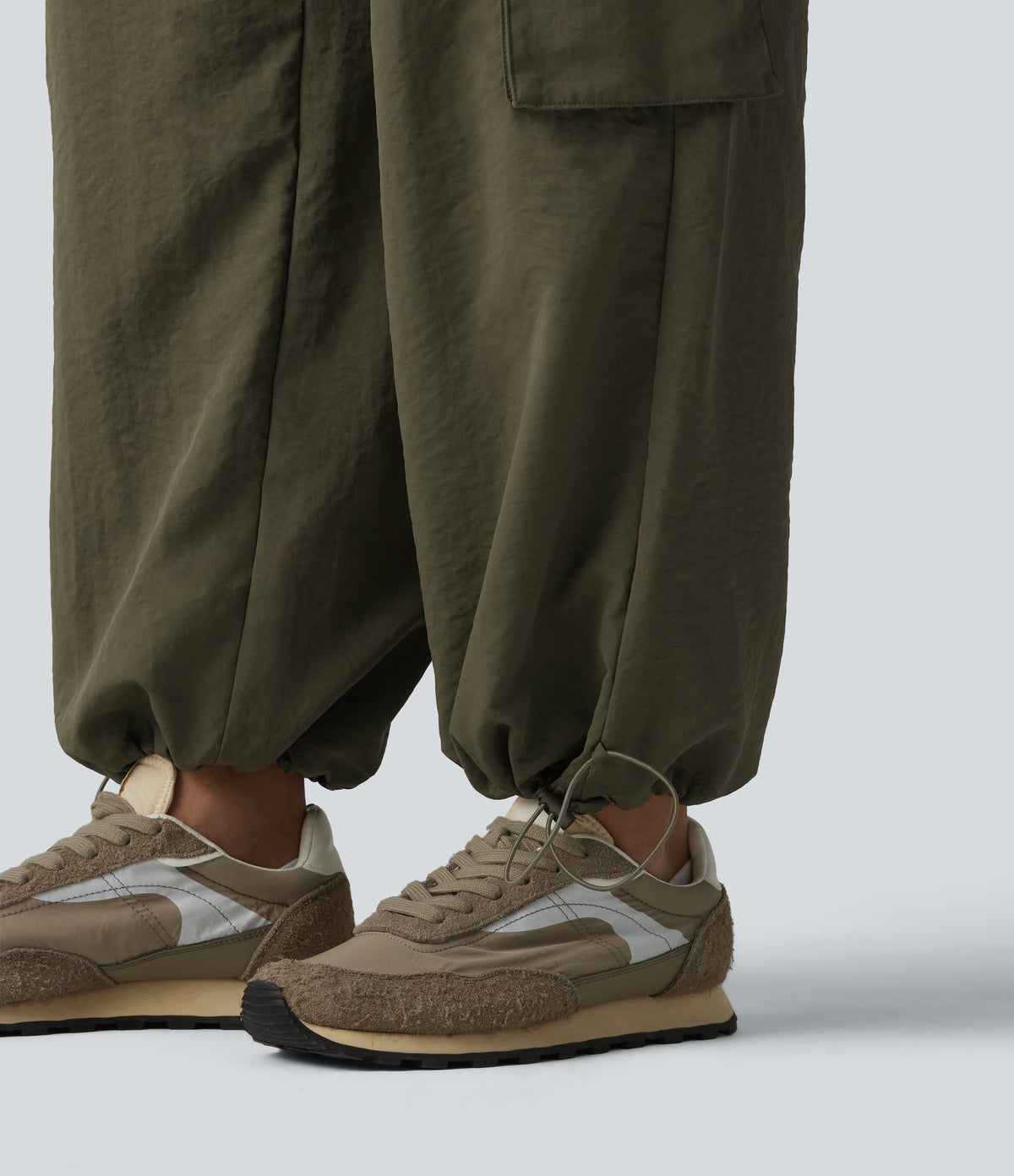 Mid Rise Drawstring Barrel Leg Casual Cargo Joggers with Pockets — Ivy Green — view 5