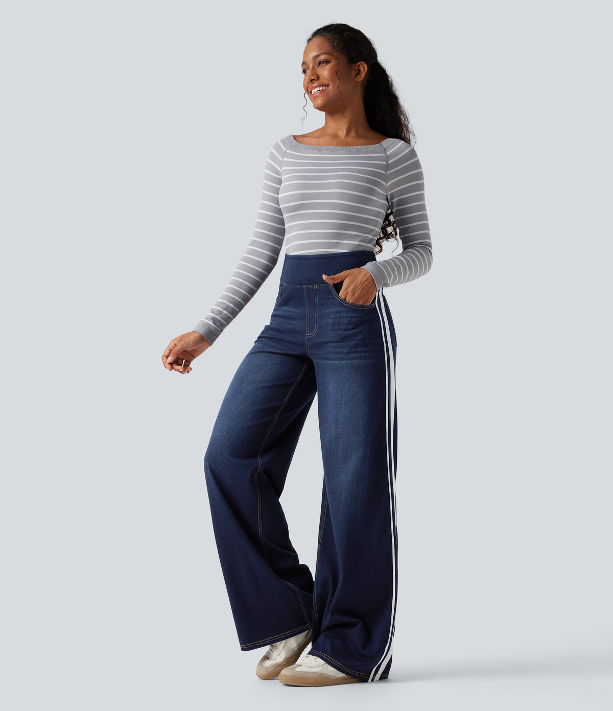 High Waisted Stripe Wide Leg Flowy Washed Casual Jeans with Pockets — Inkling Blue Denim — view 6