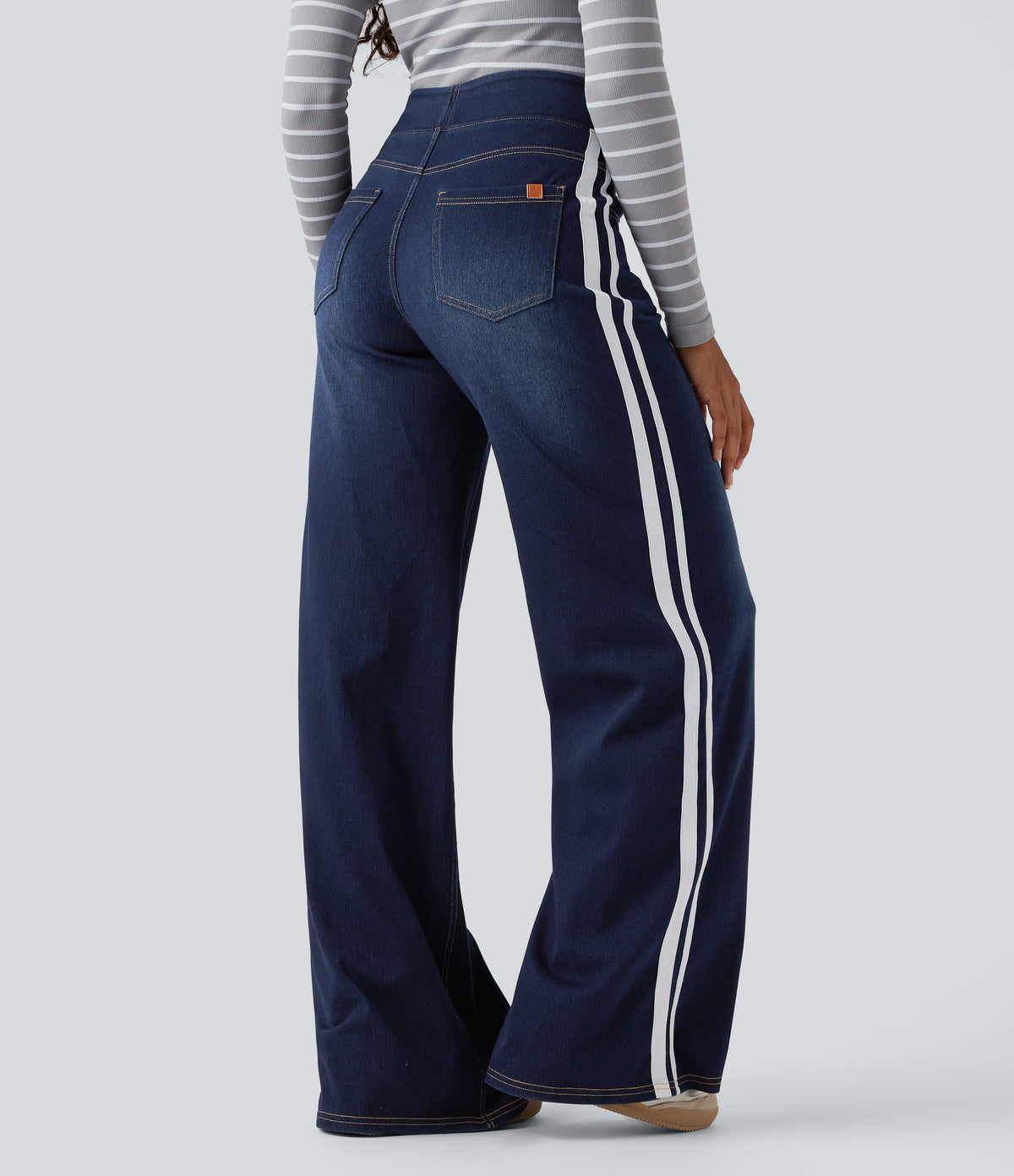 High Waisted Stripe Wide Leg Flowy Washed Casual Jeans with Pockets — Inkling Blue Denim — view 2