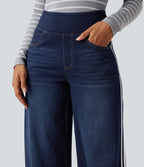 High Waisted Stripe Wide Leg Flowy Washed Casual Jeans with Pockets — Inkling Blue Denim — view 4