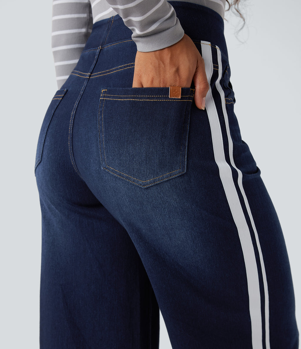 High Waisted Stripe Wide Leg Flowy Washed Casual Jeans with Pockets — Inkling Blue Denim — view 5