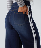 High Waisted Stripe Wide Leg Flowy Washed Casual Jeans with Pockets — Inkling Blue Denim — view 5