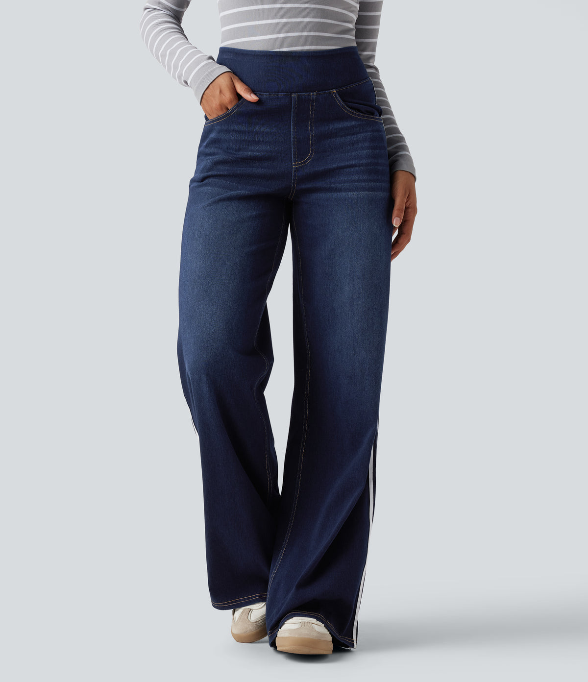 High Waisted Stripe Wide Leg Flowy Washed Casual Jeans with Pockets — Inkling Blue Denim — view 3