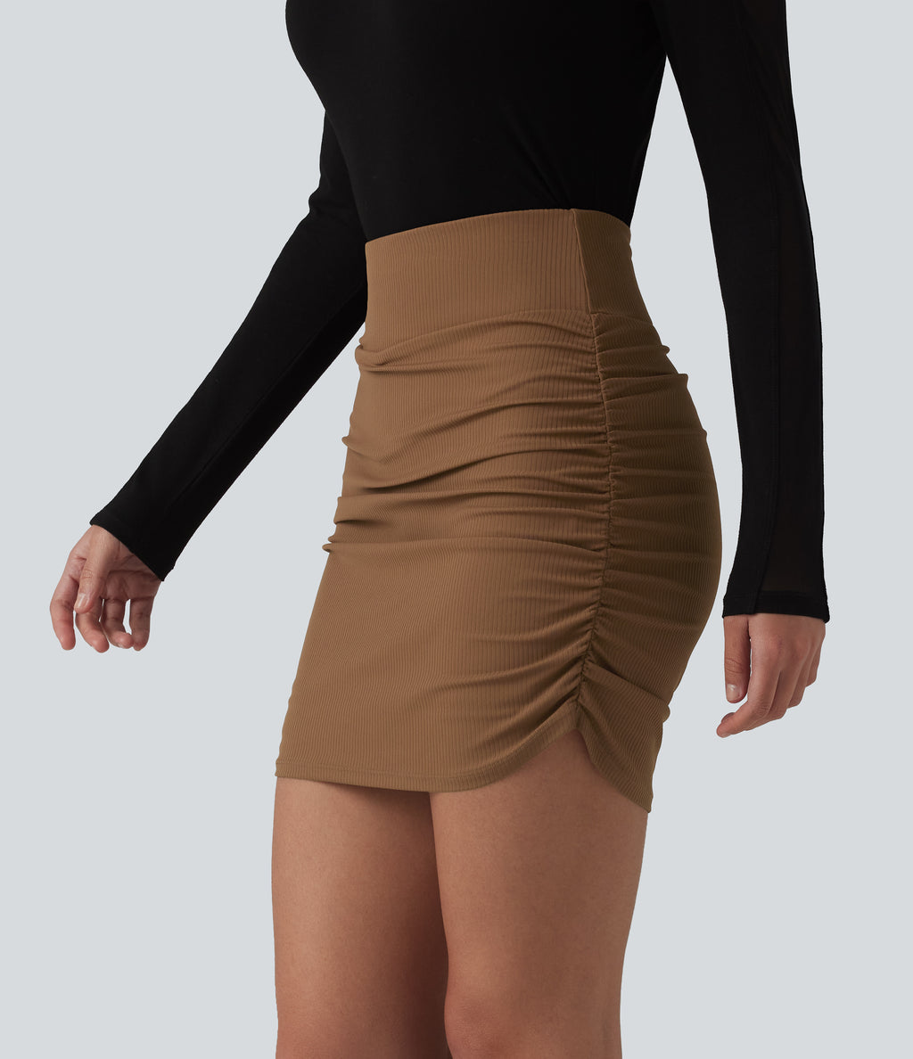 Ribbed High Waisted Tummy Control Ruched Curved Hem 2-in-1 Mini Bodycon Party Skirt — Bison — view 3