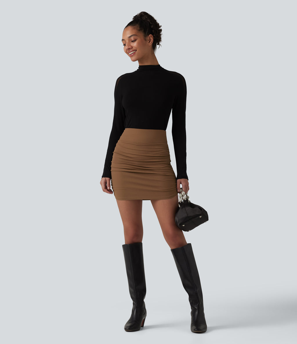 Ribbed High Waisted Tummy Control Ruched Curved Hem 2-in-1 Mini Bodycon Party Skirt — Bison — view 6