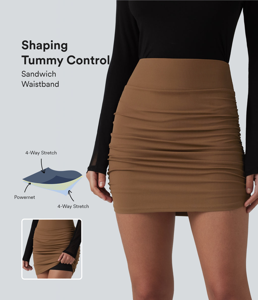 Ribbed High Waisted Tummy Control Ruched Curved Hem 2-in-1 Mini Bodycon Party Skirt — Bison — view 1
