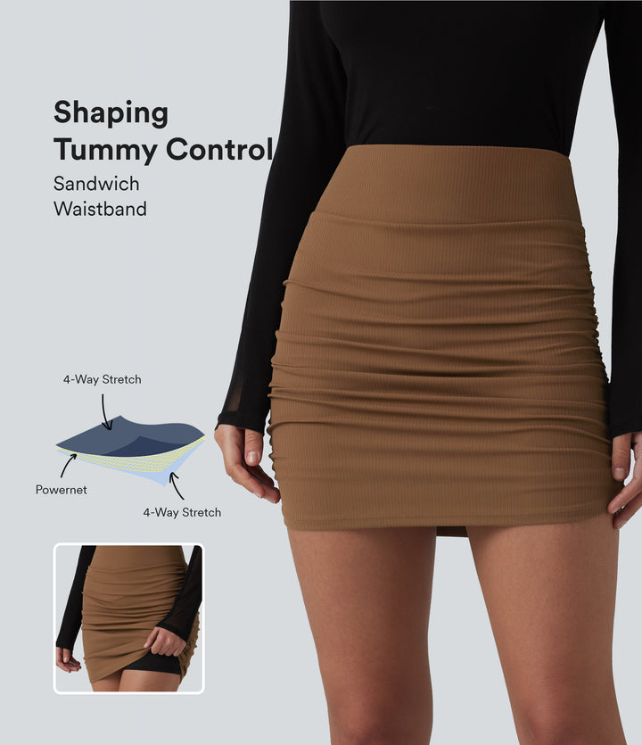 Ribbed High Waisted Tummy Control Ruched Curved Hem 2-in-1 Mini Bodycon Party Skirt — Bison — view 1