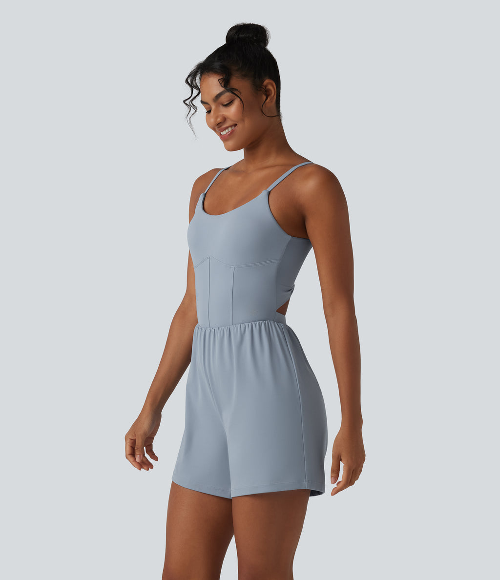 Airy Twisted Backless Adjustable Straps 2-in-1 Built-in Bra InstantCool Yoga Playsuit with Pocket — Snowflake Blue — view 3