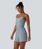 Airy Twisted Backless Adjustable Straps 2-in-1 Built-in Bra InstantCool Yoga Playsuit with Pocket — Snowflake Blue — view 3