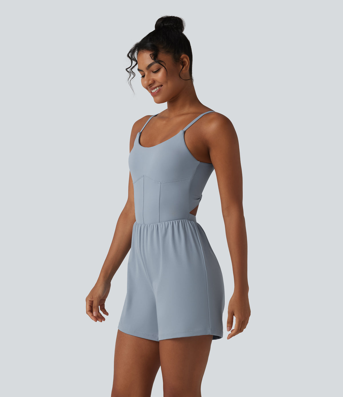 Airy Twisted Backless Adjustable Straps 2-in-1 Built-in Bra InstantCool Yoga Playsuit with Pocket — Snowflake Blue — view 3