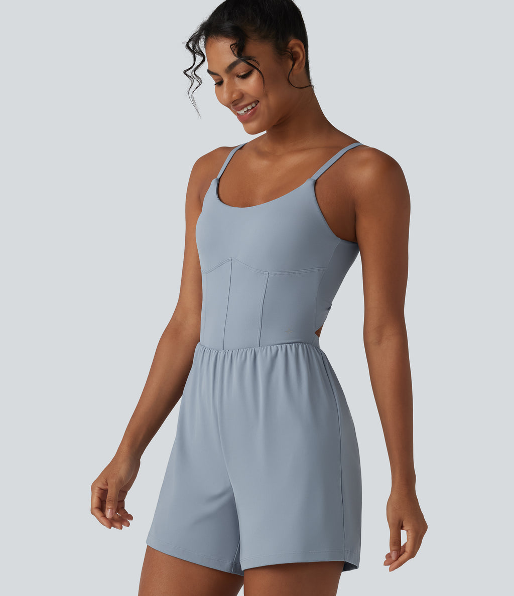 Airy Twisted Backless Adjustable Straps 2-in-1 Built-in Bra InstantCool Yoga Playsuit with Pocket — Snowflake Blue — view 7