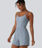 Airy Twisted Backless Adjustable Straps 2-in-1 Built-in Bra InstantCool Yoga Playsuit with Pocket — Snowflake Blue — view 7