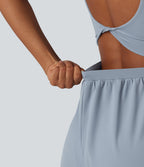 Airy Twisted Backless Adjustable Straps 2-in-1 Built-in Bra InstantCool Yoga Playsuit with Pocket — Snowflake Blue — view 4