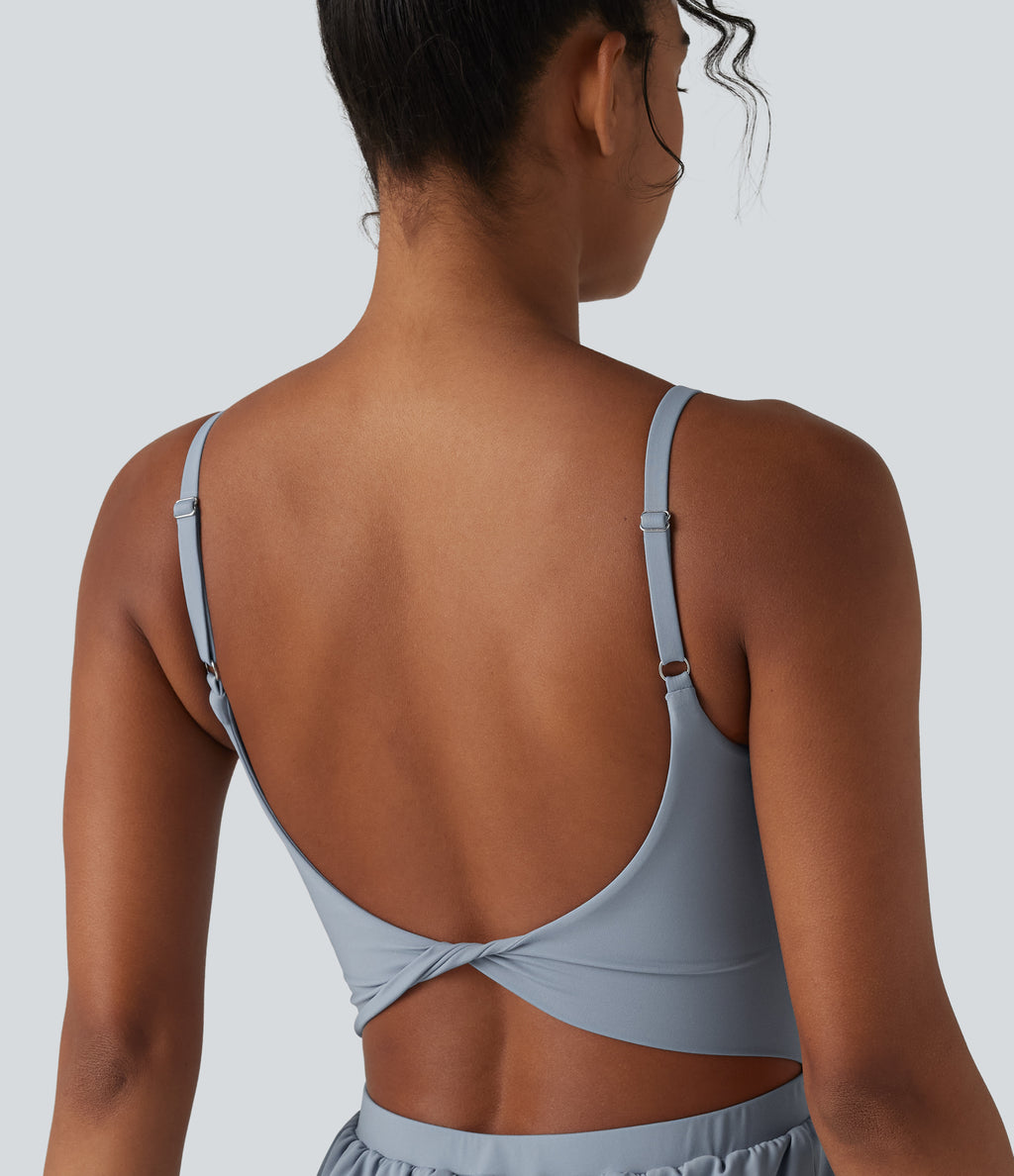 Airy Twisted Backless Adjustable Straps 2-in-1 Built-in Bra InstantCool Yoga Playsuit with Pocket — Snowflake Blue — view 6