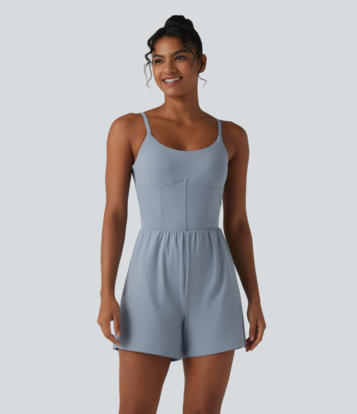 Airy Twisted Backless Adjustable Straps 2-in-1 Built-in Bra InstantCool Yoga Playsuit with Pocket — Snowflake Blue — view 2