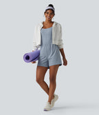 Airy Twisted Backless Adjustable Straps 2-in-1 Built-in Bra InstantCool Yoga Playsuit with Pocket — Snowflake Blue — view 8