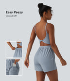 Airy Twisted Backless Adjustable Straps 2-in-1 Built-in Bra InstantCool Yoga Playsuit with Pocket — Snowflake Blue — view 1