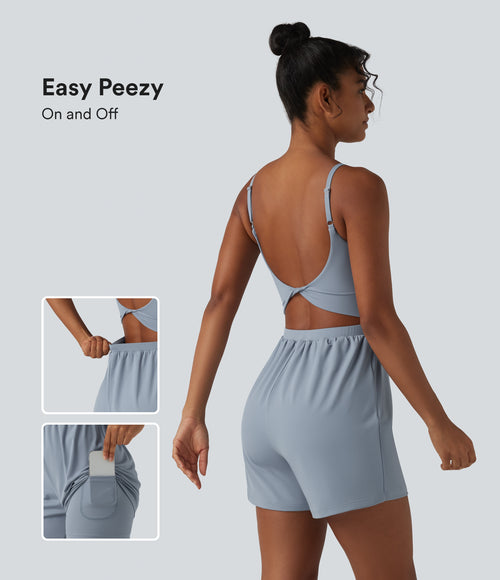 Airy Twisted Backless Adjustable Straps 2-in-1 Built-in Bra InstantCool Yoga Playsuit with Pocket — Snowflake Blue — view 1