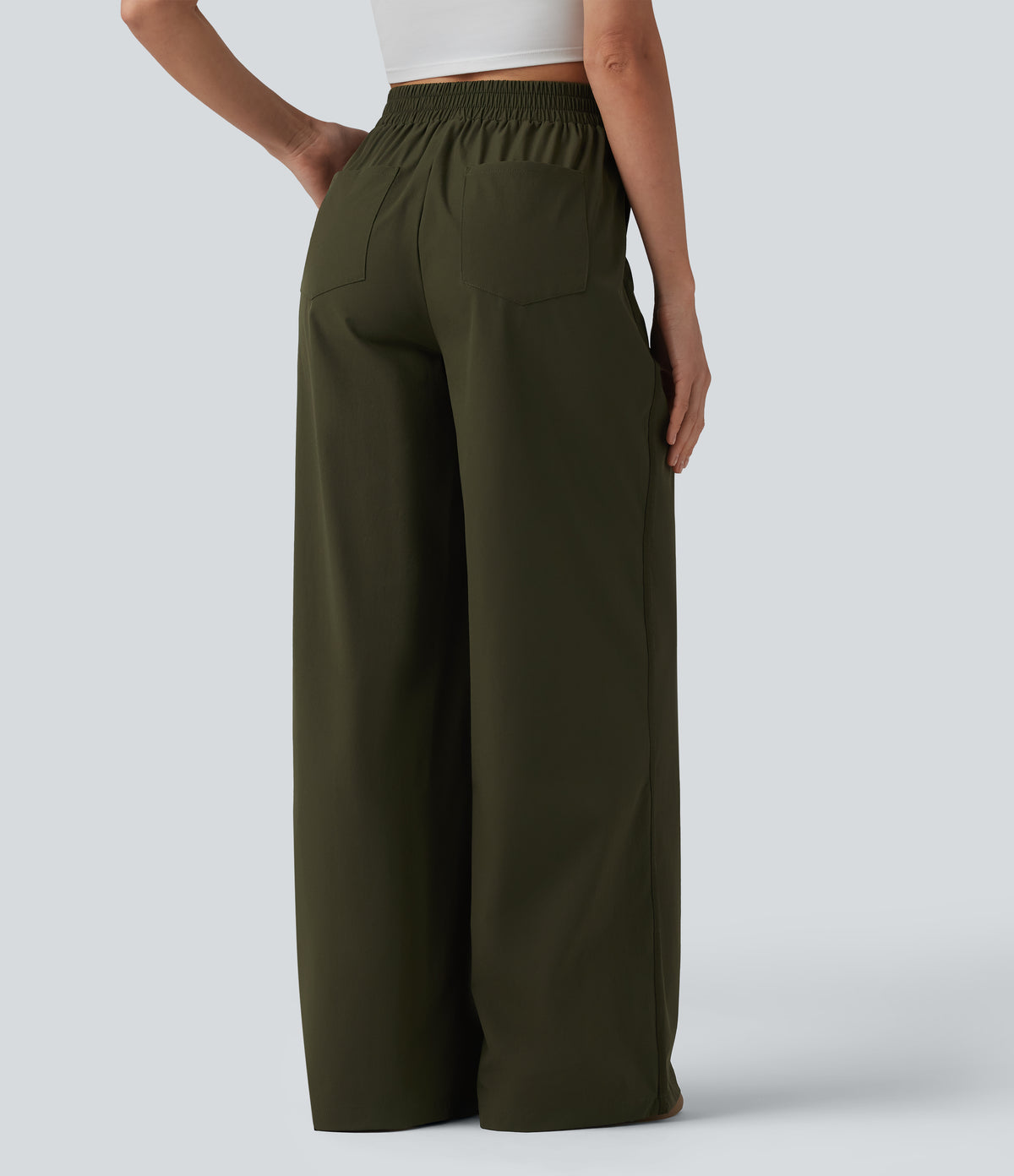 High Waisted Wide Leg Casual Trousers with Pockets — Twilight Green — view 2