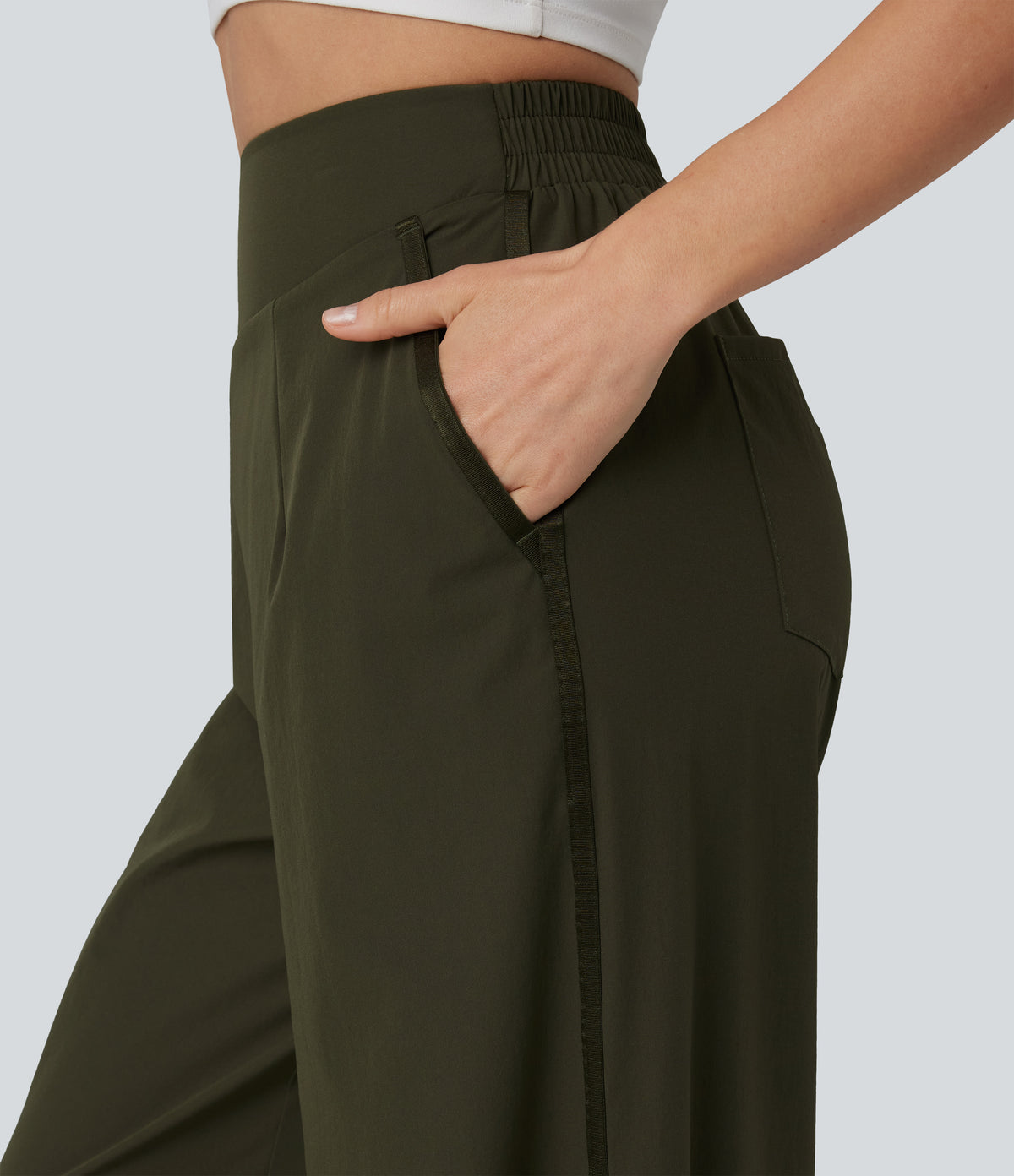High Waisted Wide Leg Casual Trousers with Pockets — Twilight Green — view 4