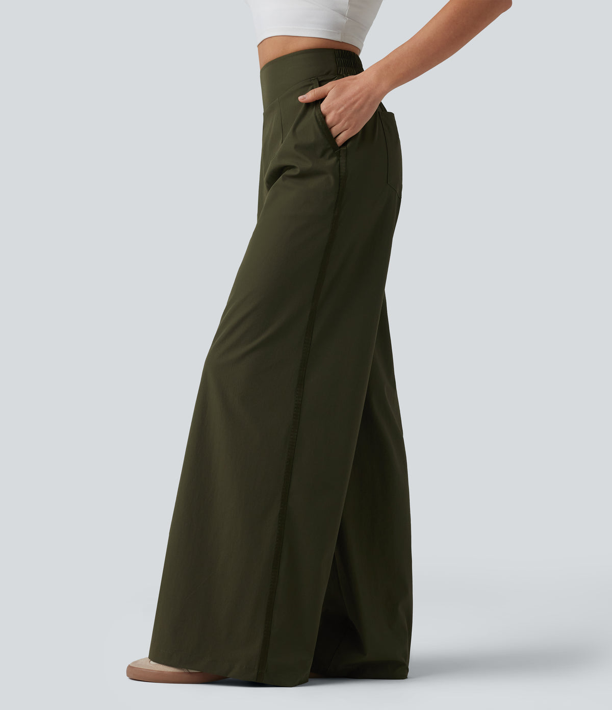 High Waisted Wide Leg Casual Trousers with Pockets — Twilight Green — view 1