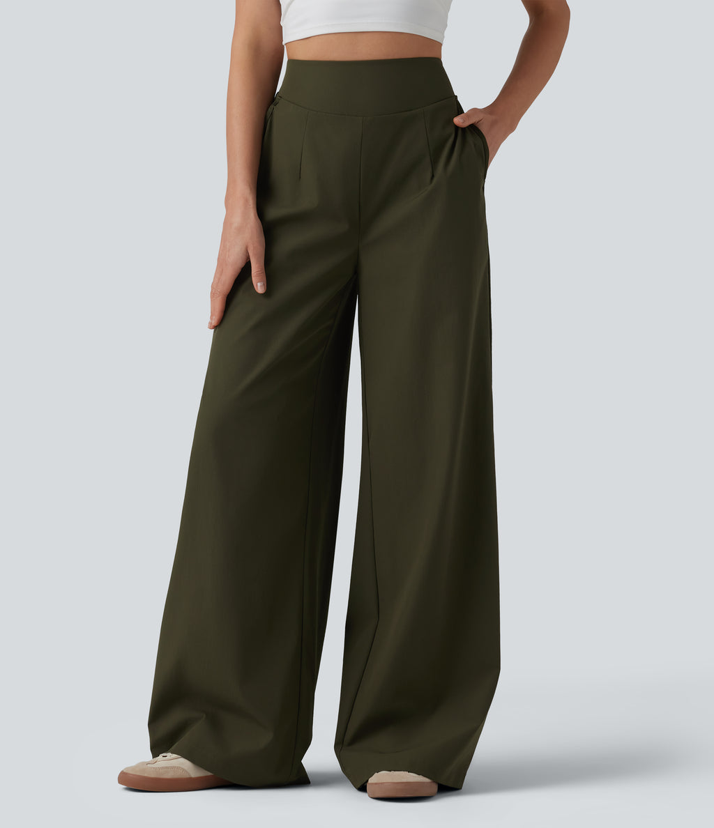 High Waisted Wide Leg Casual Trousers with Pockets — Twilight Green — view 3