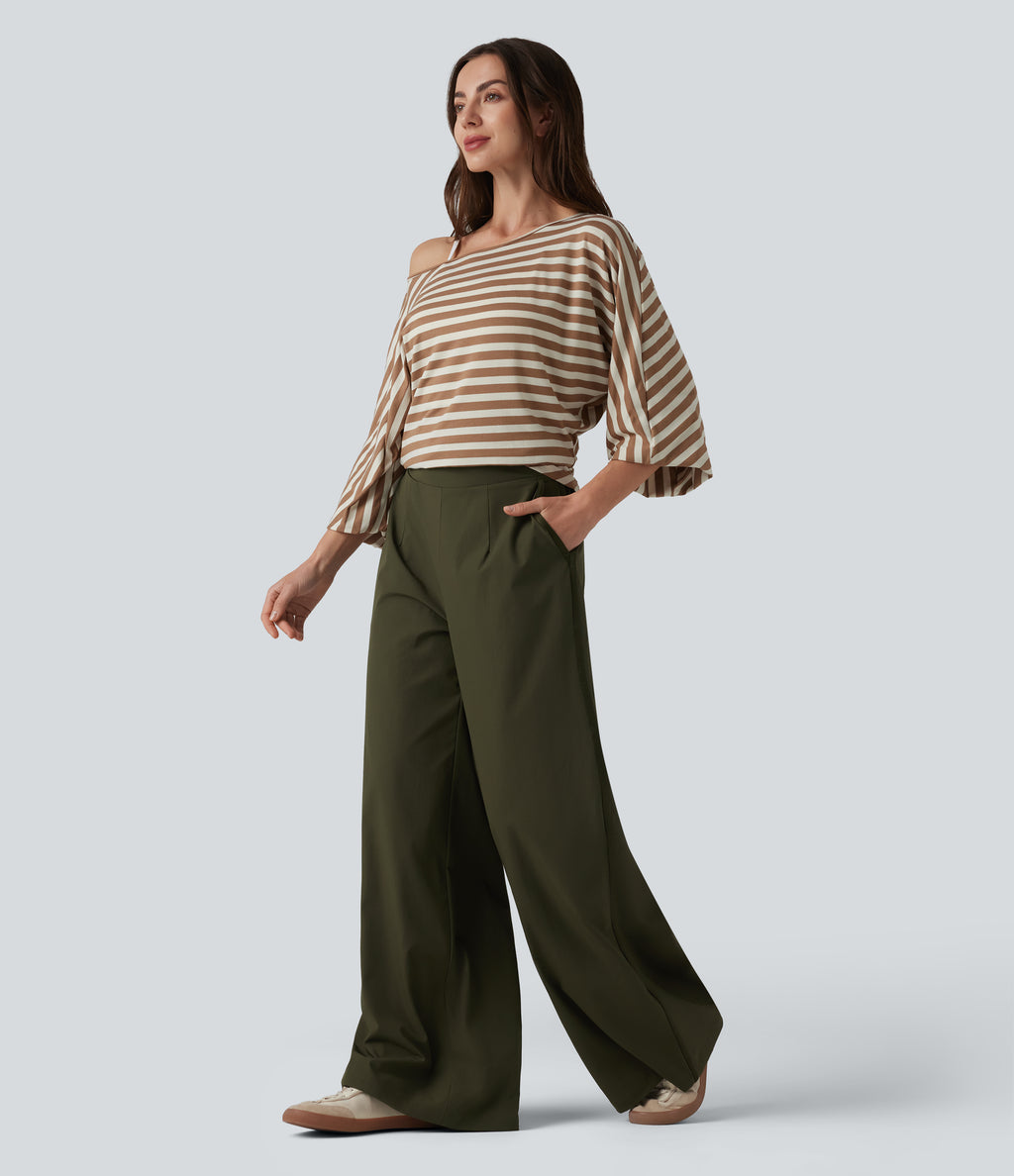 High Waisted Wide Leg Casual Trousers with Pockets — Twilight Green — view 6