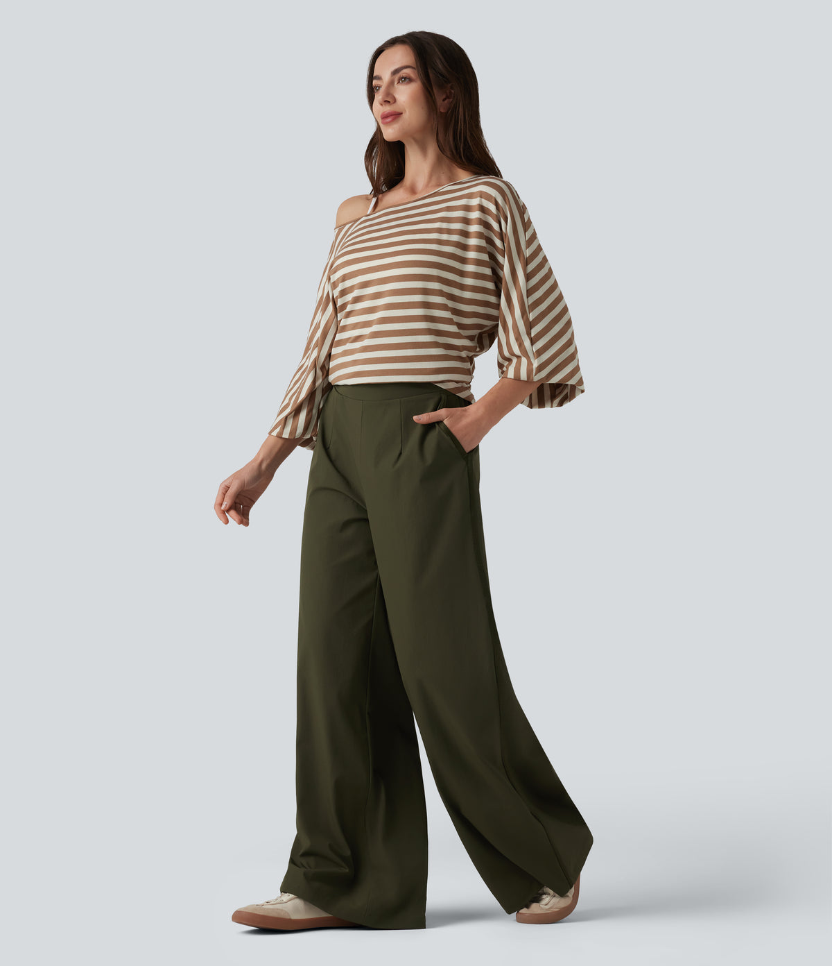 High Waisted Wide Leg Casual Trousers with Pockets — Twilight Green — view 6