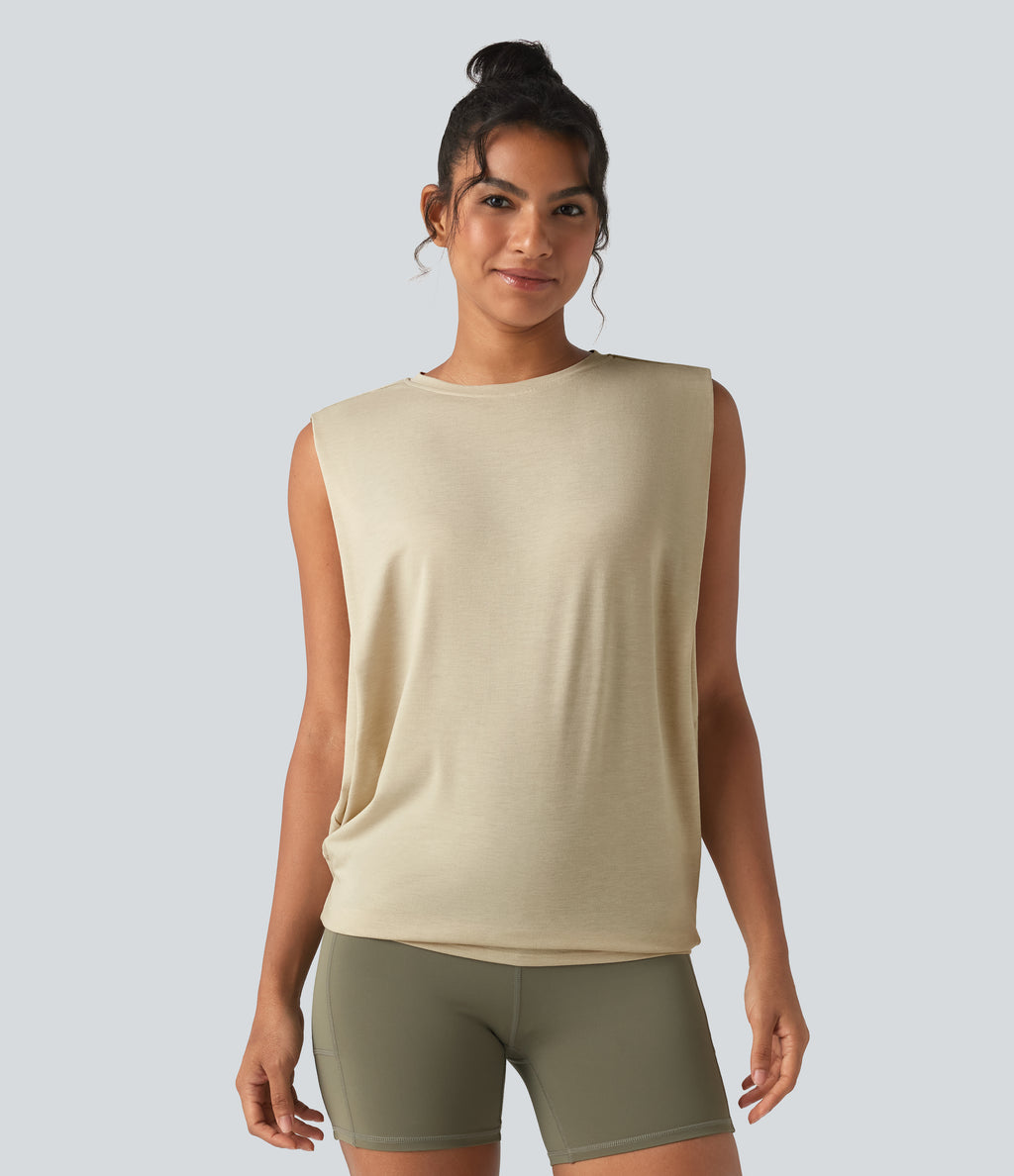 Round Neck Ruched Heathered Yoga Tank Top — Soft Rice White — view 1
