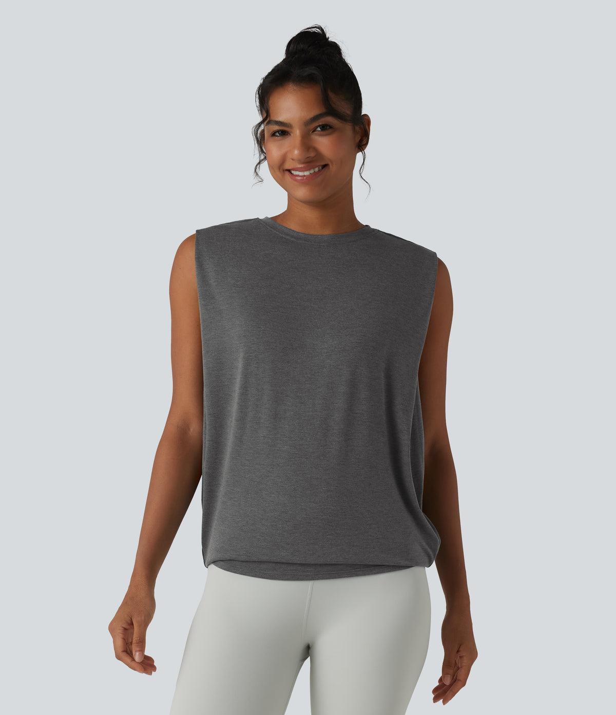 Round Neck Ruched Heathered Yoga Tank Top — Darl Gray Floral Yarn — view 6