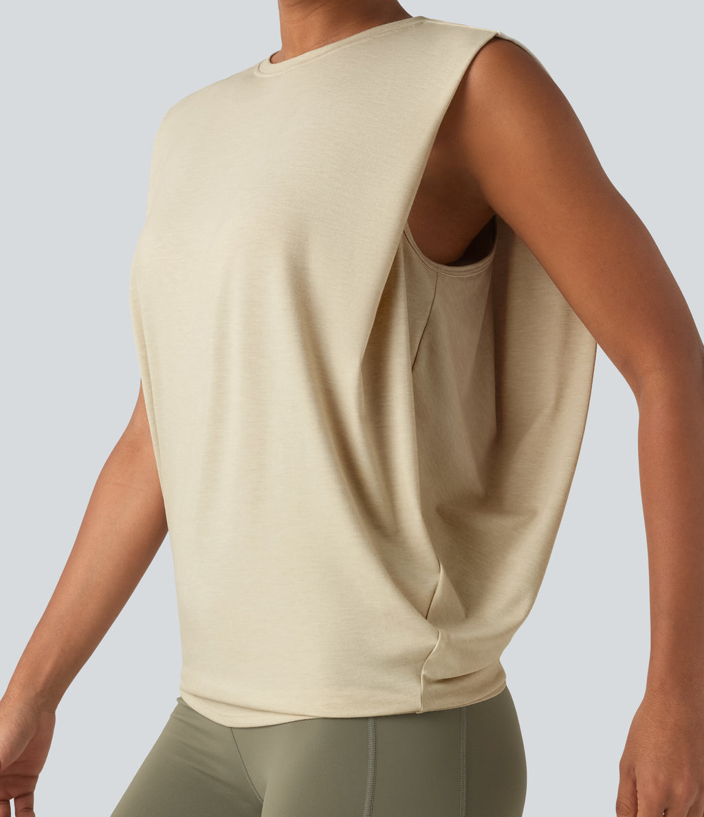 Round Neck Ruched Heathered Yoga Tank Top — Soft Rice White — view 4