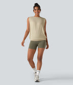 Round Neck Ruched Heathered Yoga Tank Top — Soft Rice White — view 5