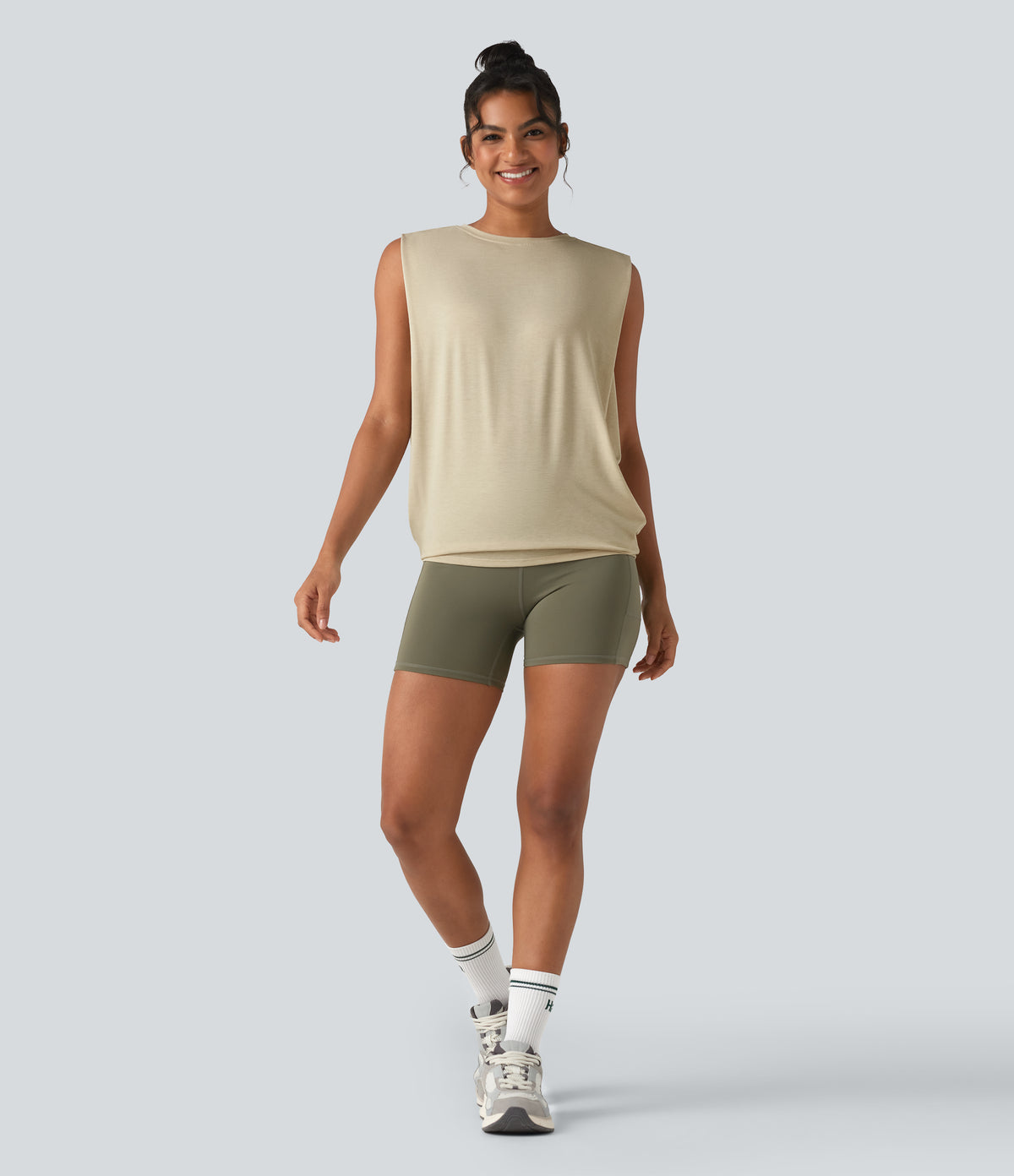 Round Neck Ruched Heathered Yoga Tank Top — Soft Rice White — view 5