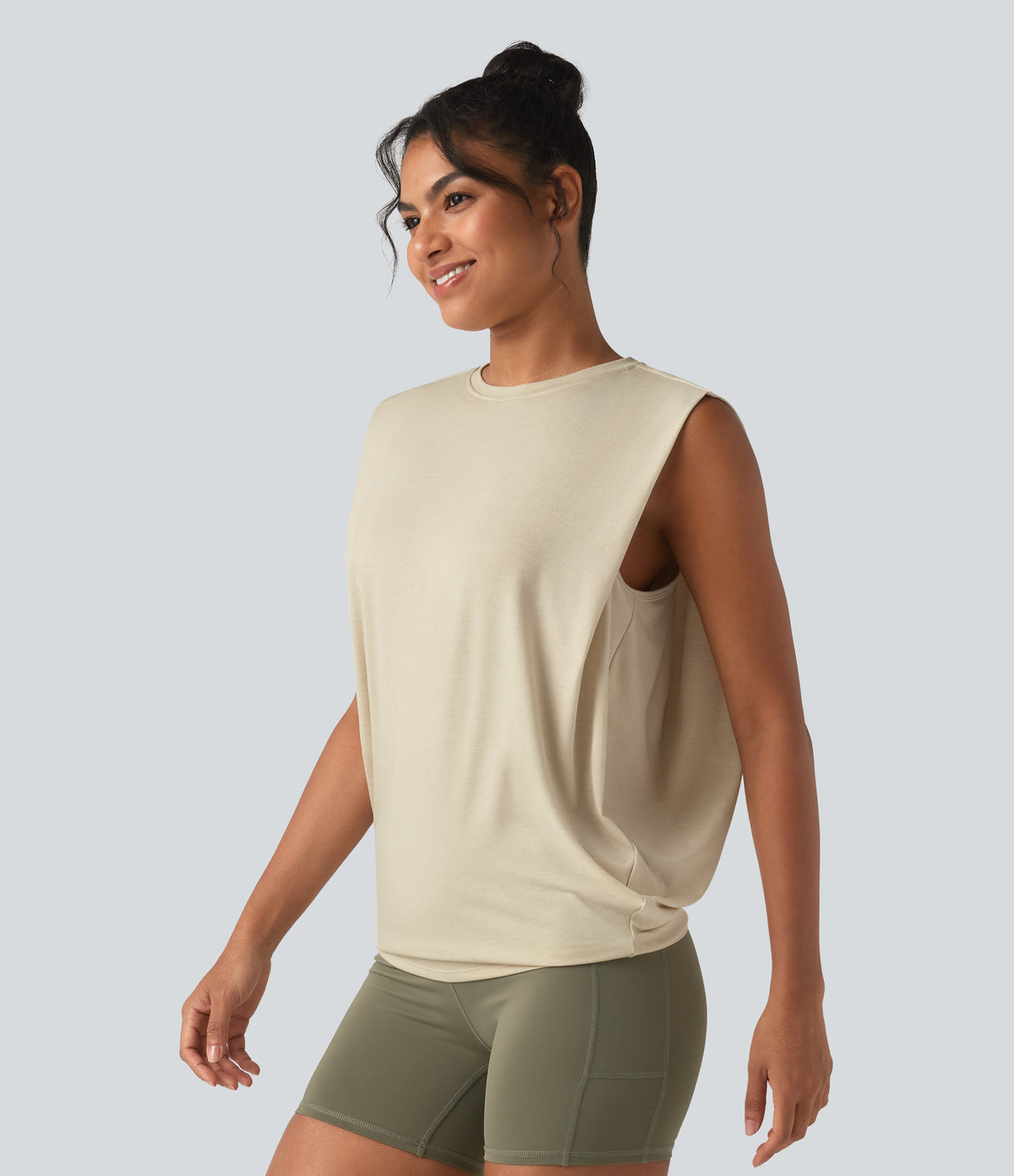 Round Neck Ruched Heathered Yoga Tank Top — Soft Rice White — view 3