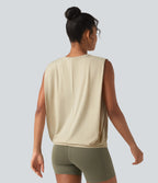 Round Neck Ruched Heathered Yoga Tank Top — Soft Rice White — view 2