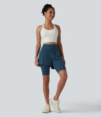 Airy Super High Waisted 2-in-1 InstantCool Yoga Shorts 9'' with Pockets — Majolica Blue — view 7