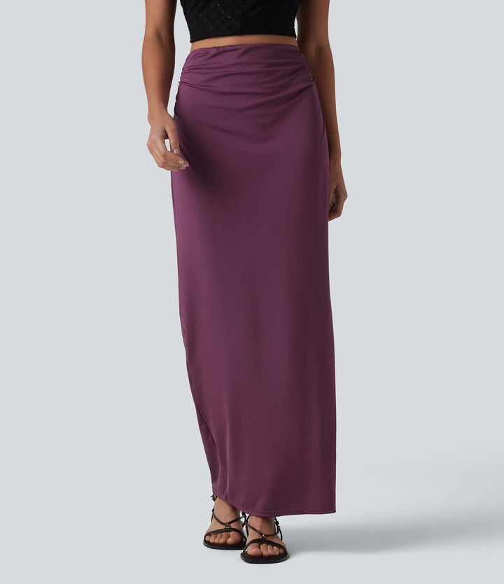 High Waisted Ruched Stretchy Satin-Like InstantCool Maxi Casual Pencil Skirt — Amaranth — view 1