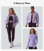 Durable Water Repellent Stand Collar Ruched Sleeve Drawstring Thumb Holes Hiking 3-in-1 Jacket with Pockets — Pastel Lilac — view 2