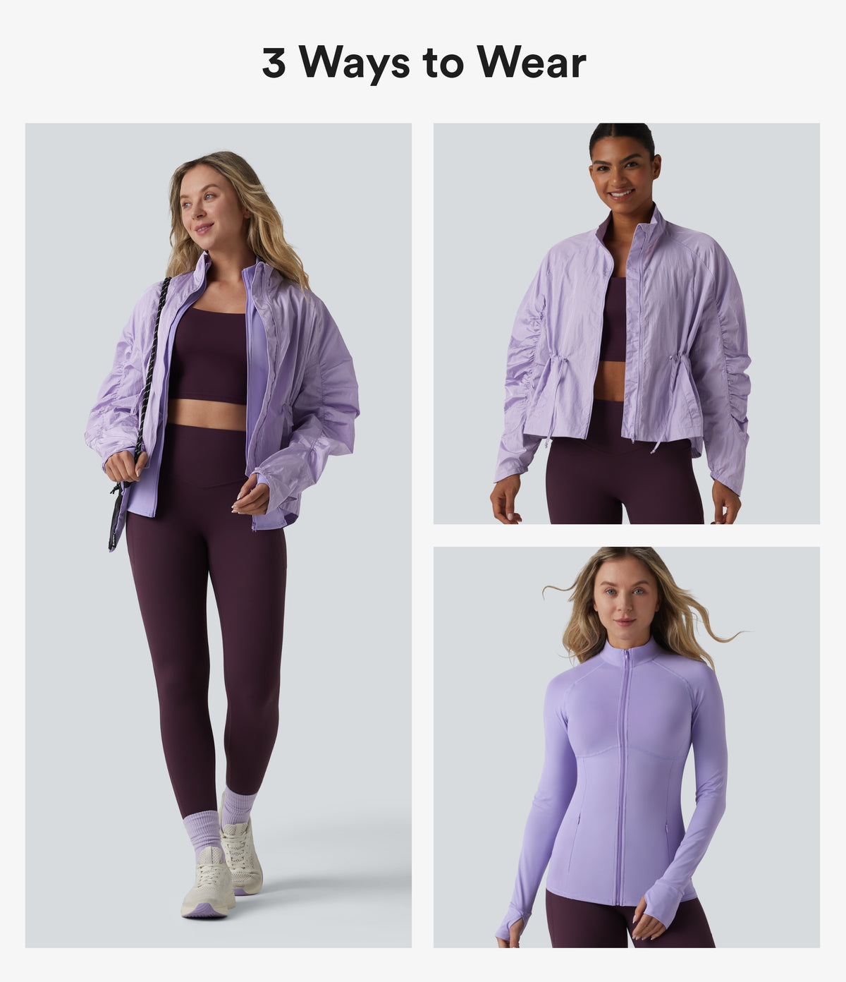 Durable Water Repellent Stand Collar Ruched Sleeve Drawstring Thumb Holes Hiking 3-in-1 Jacket with Pockets — Pastel Lilac — view 2
