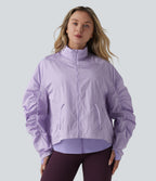 Durable Water Repellent Stand Collar Ruched Sleeve Drawstring Thumb Holes Hiking 3-in-1 Jacket with Pockets — Pastel Lilac — view 5