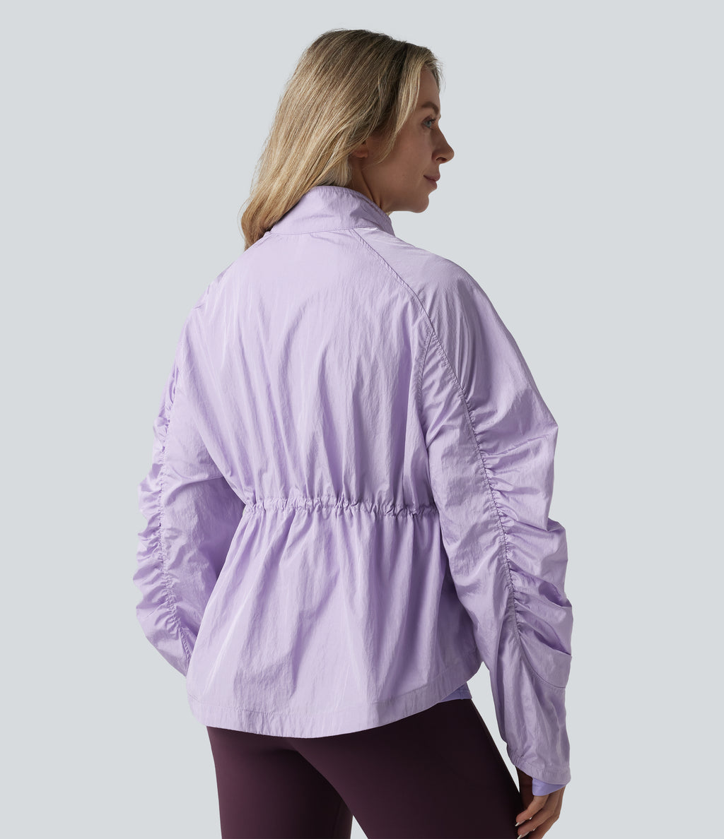 Durable Water Repellent Stand Collar Ruched Sleeve Drawstring Thumb Holes Hiking 3-in-1 Jacket with Pockets — Pastel Lilac — view 3