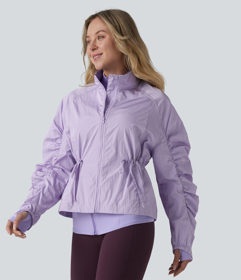 Durable Water Repellent Stand Collar Ruched Sleeve Drawstring Thumb Holes Hiking 3-in-1 Jacket with Pockets — Pastel Lilac — view 4