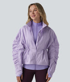 Durable Water Repellent Stand Collar Ruched Sleeve Drawstring Thumb Holes Hiking 3-in-1 Jacket with Pockets — Pastel Lilac — view 8