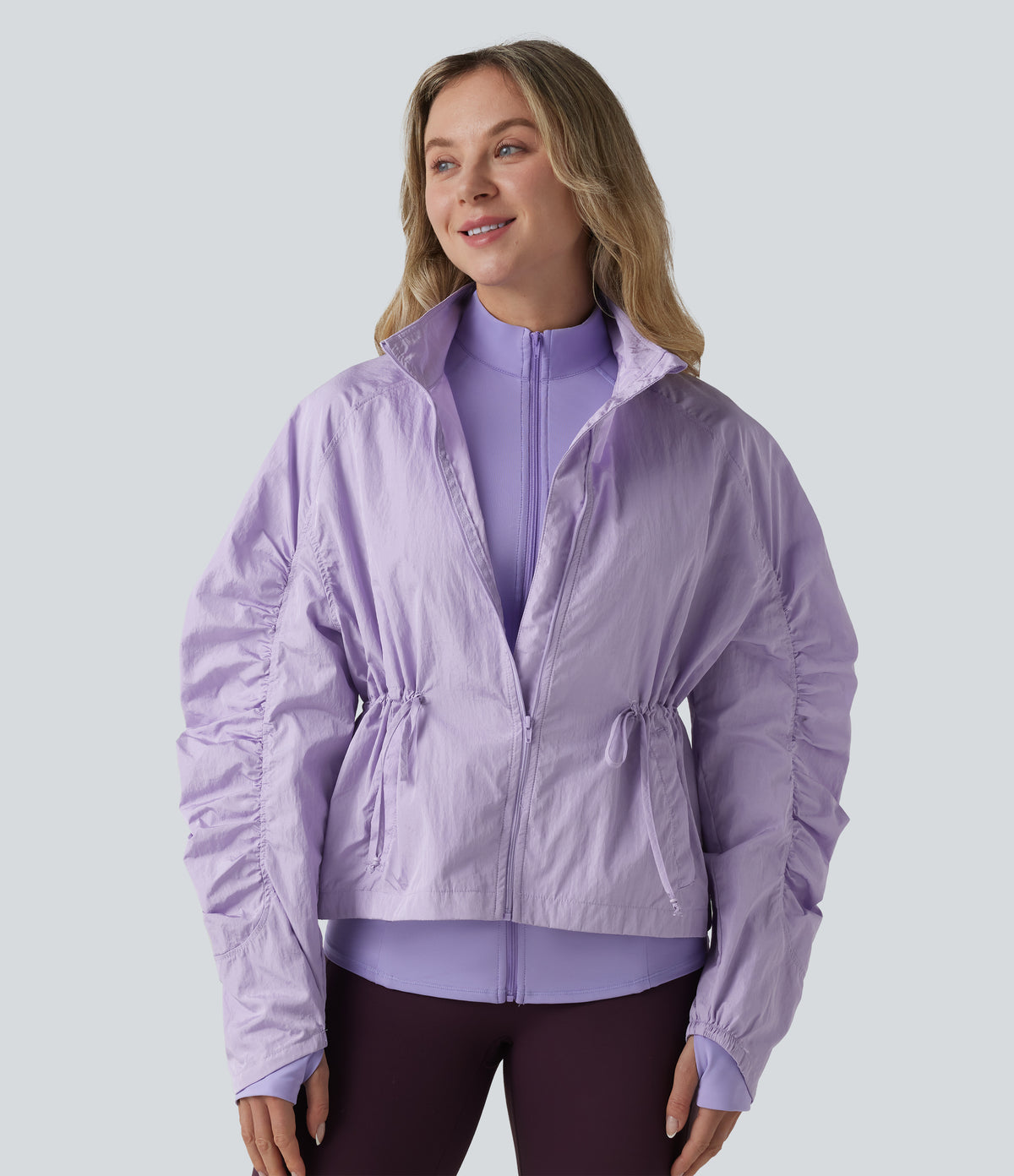 Durable Water Repellent Stand Collar Ruched Sleeve Drawstring Thumb Holes Hiking 3-in-1 Jacket with Pockets — Pastel Lilac — view 8