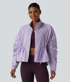 Durable Water Repellent Stand Collar Ruched Sleeve Drawstring Thumb Holes Hiking 3-in-1 Jacket with Pockets — Pastel Lilac — view 7