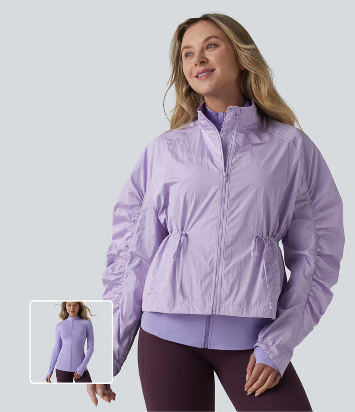Durable Water Repellent Stand Collar Ruched Sleeve Drawstring Thumb Holes Hiking 3-in-1 Jacket with Pockets — Pastel Lilac — view 1