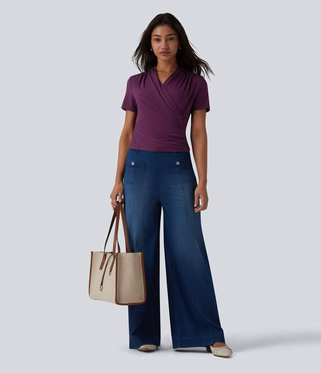 V Neck Short Sleeve Work Blouse — Italian Plum — view 5