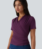 V Neck Short Sleeve Work Blouse — Italian Plum — view 1