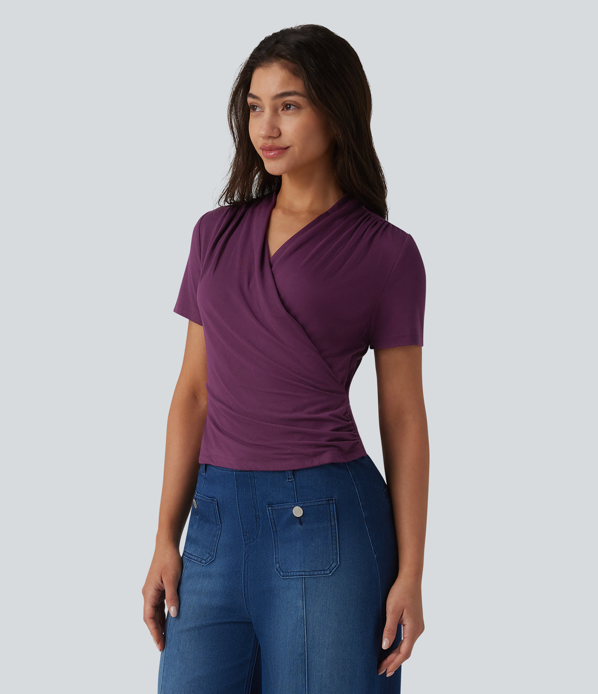 V Neck Short Sleeve Work Blouse — Italian Plum — view 4